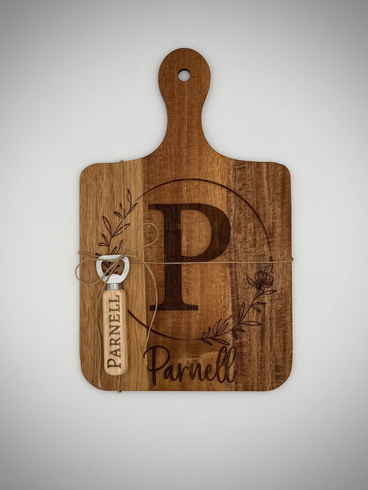 Personalized Acacia Cutting Board & Bottle Opener Set